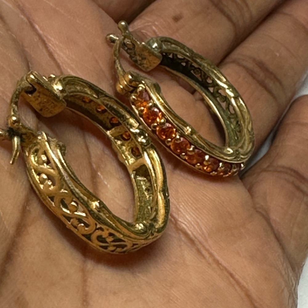 14k Vintage Gold and Orange Hoop Earrings/orange/amber gemstones